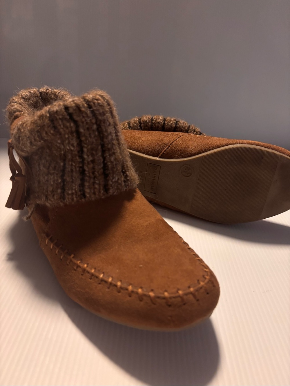 Airwalk Brown Faux Suede Knit Cuff Moccasin Booties - Women’s Size 8.5